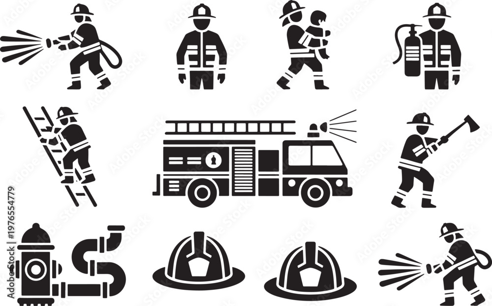 Fototapeta premium Graphic vector illustration of various firefighting icons: firemen, truck, hose, ladder, hydran