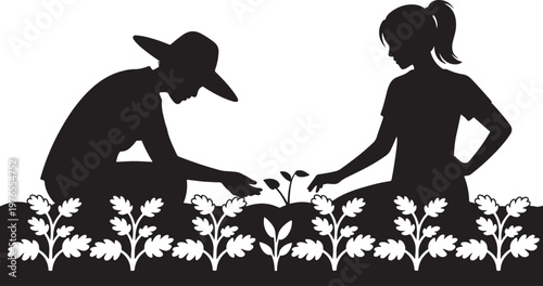 Graphic illustration of two farmers working together to cultivate crops, symbolizing growth and