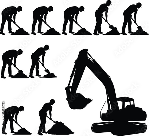 PrintSilhouette worker shoveling dirt, manual labor sequence, construction effort, excavator machinery comparison, evolution of work, industrial progress