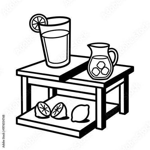 table with lemonade pitcher glass and lemons line drawing illustration vector clipart black and white