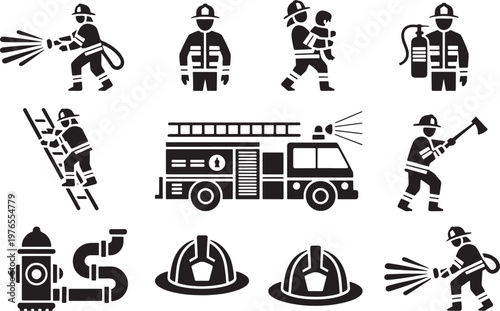 Graphic vector illustration of various firefighting icons: firemen, truck, hose, ladder, hydran