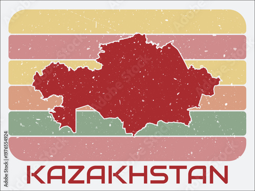 Kazakhstan vintage logo. Shape of the country on retro colored stripes background. Kazakhstan map design with grunge scratch texture. Vector illustration.