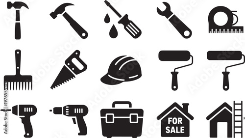 Professional Construction and Home Renovation Tool Icon Set with Hammer Drill Saw and Toolbox U