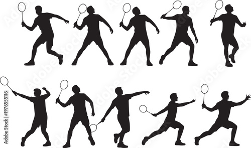 Professional Tennis Player Silhouettes Set with Male and Female Athletes in Active Sport Poses.