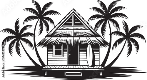 Tropical bungalow with palm trees illustration in silhouette style