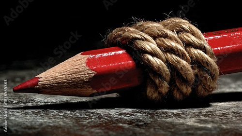 The artistic struggle of a tied-up pencil, symbolizing creative censorship or writer's block