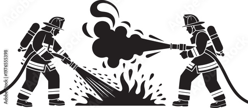 Two Firefighters in Full Protective Gear Spraying Water to Extinguish Fire Vector Illustration