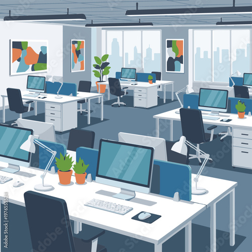 Modern open-plan office interior with workstations, computers, and city view windows
