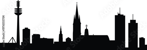 PrintCity skyline silhouette, architectural diversity, modern high‑rise, cathedral spires, telecommunications tower, urban landscape, historical landmarks,