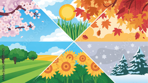 Seasons, Weather, Spring Summer Autumn Winter, Vector Icons isolated on Transparent Background