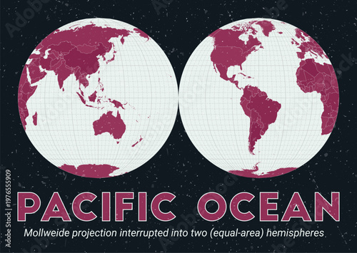 Pacific Ocean. World map. Mollweide projection interrupted into two (equal-area) hemispheres centered to Pacific Ocean. Pale Mint Dark Pink palette. Vintage texture. Authentic vector illustration.