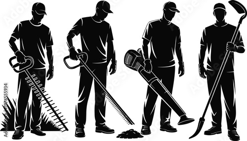PrintLandscaping worker silhouette, gardening tools vector, hedge trimming illustration, leaf blower art, scythe cutting design, outdoor maintenance scene, garden labor posture