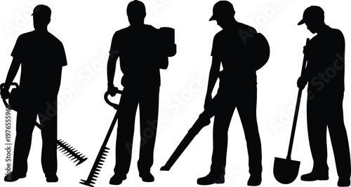 PrintLandscaping worker silhouettes, gardening tools, rake, hedge trimmer, leaf blower, shovel, outdoor maintenance, manual labor, yard work, black illustration