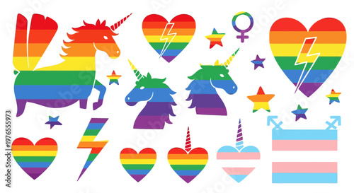 Rainbow pride graphic elements featuring unicorns, hearts, lightning bolts, and transgender symbols