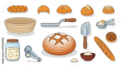 A delightful assortment of freshly baked breads and essential baking tools, illustrating the art of homemade bread-making with wholesome ingredients and rustic charm