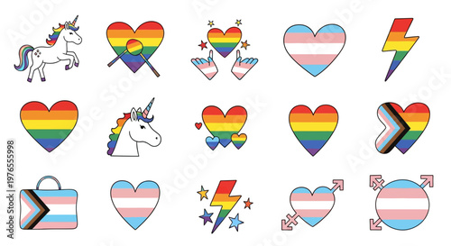Pride symbols and icons for LGBTQ+ community hearts, unicorns, and lightning bolts in rainbow colors