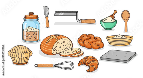 Collection of baking ingredients and tools, featuring bread, croissant, jar, whisk, and baking tray for culinary creations
