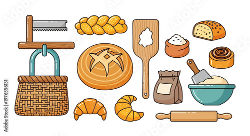 Assortment of baking essentials fresh bread, golden croissants, flour, and kitchen tools for delightful homemade pastry creation
