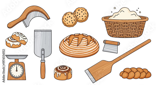 Assortment of hand-drawn illustrations showcasing a variety of baking ingredients and essential kitchen tools for creating delicious homemade bread, cookies, and pastries