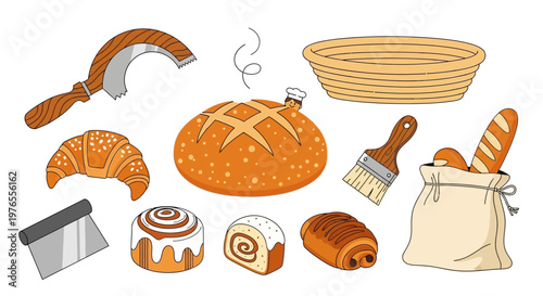 An illustrated assortment of delectable baked goods, fresh bread, and essential pastry tools, celebrating the art of home baking and gourmet treats
