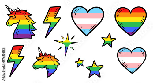 Joyful assortment of colorful LGBTQ+ pride symbols, featuring rainbow unicorns, transgender hearts, stars, and lightning bolt graphic illustrations