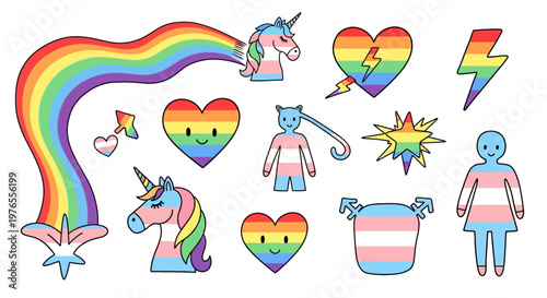 Vibrant collection of cartoon illustrations celebrating LGBTQ+ pride, featuring colorful rainbows, unicorns, hearts, and transgender flag symbols