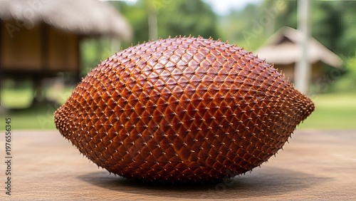 Close-up of salak fruit with its scaly brown skin, set against a tropical backdrop evoking exoticism