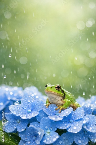 紫陽花とカエルの梅雨イメージ / Frog on Hydrangea Rainy Season