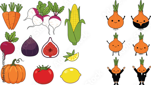 Vegetable illustration and cartoon onion character set featuring carrot, radish, corn, fig, tomato, lemon, and cute mascots in vector style