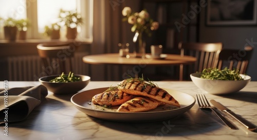 Delicious Grilled Chicken Breast Fillets Served with Fresh Green Salad on a Table.