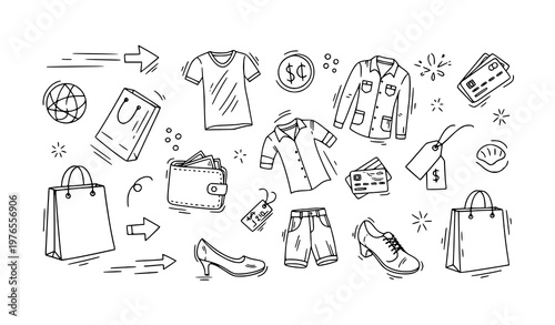 Shopping doodle icon set hand drawn retail items and payment symbols vector illustration