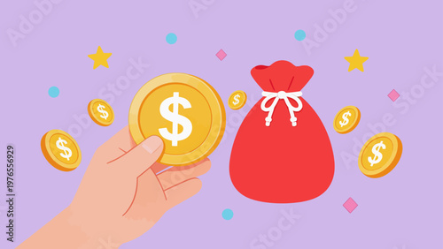Hand holding coin near money bag