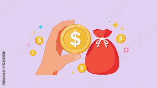 Hand holding gold coin near money bag