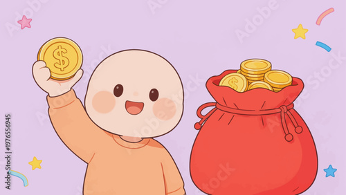 Cartoon child with coins and money bag