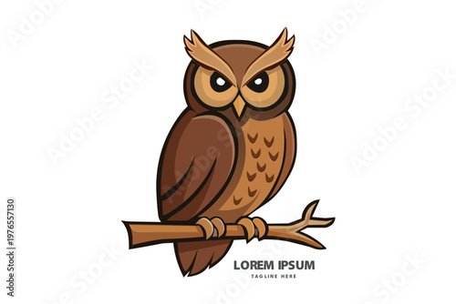 Professional Wise Owl Mascot Logo Template on Tree Branch for educational branding library school academic identity nocturnal bird of prey wildlife character and smart intelligence symbol
