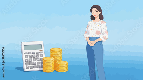 Woman with calculator and coins