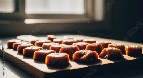 Delicious Homemade Caramel Candies Arranged on a Wooden Board.