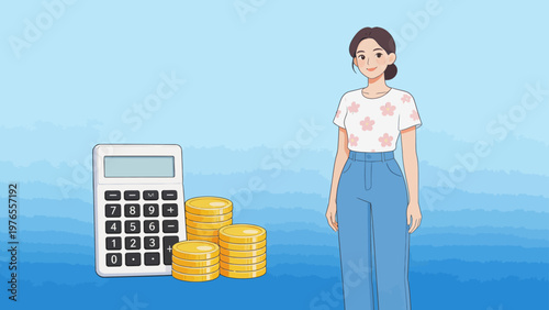 Woman with calculator and coins