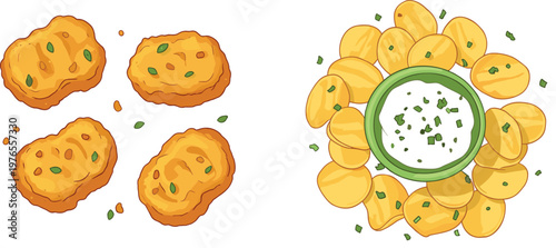 Fried snacks and potato chips illustration featuring crispy nuggets, sliced chips, and dip sauce with garnish in detailed food vector style