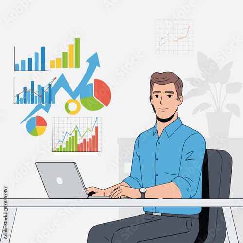 Man in blue shirt working on laptop at desk with financial charts and graphs on wall