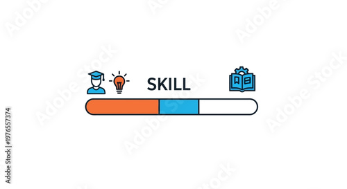 Skill development progress bar with education and knowledge icons
