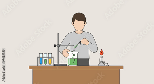 Student conducting chemistry experiment with test tubes and Bunsen burner