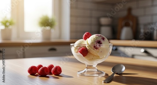 Delicious Ice Cream Sundae with Fresh Raspberries on a Wooden Table.