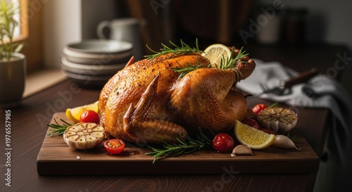 Delicious Roasted Whole Chicken with Herbs and Lemon on a Wooden Board.