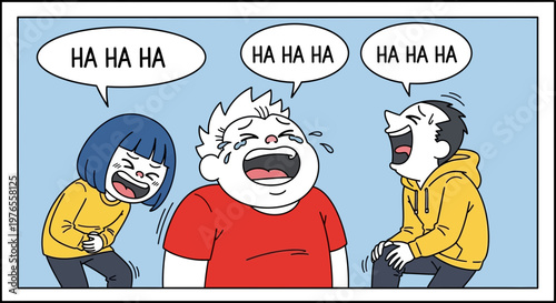 Three friends laughing hysterically, tears of joy, happiness, friendship, comic illustration