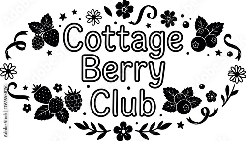 Black and white cottage berry club lettering with floral and fruit ornaments