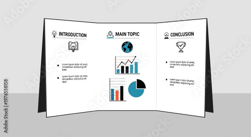Tri-fold Presentation Board with Charts, Graphs, and Icons: Intro, Main Topic, Conclusion