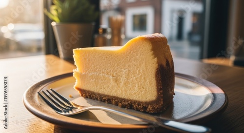 Delicious Slice of New York Cheesecake on a Plate with Fork.
