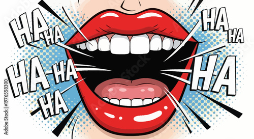 Woman Laughing Loudly, Open Mouth, Red Lips, Comic Style, HA HA Speech Bubbles