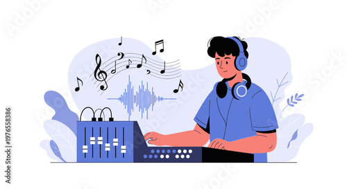 Young man creating music with headphones and mixing console, sound waves and notes